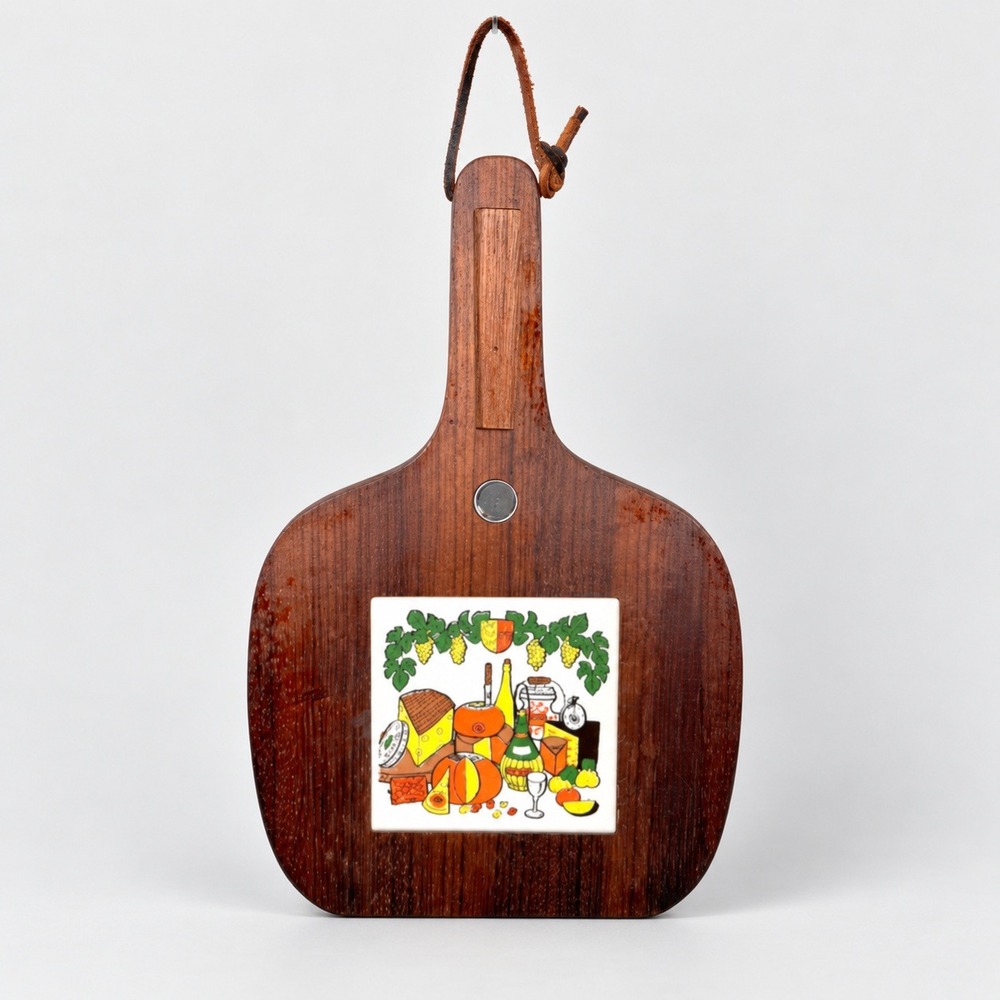 Vintage Made in Japan Wooden Cheese Board Ceramic Tile Wine Still Life 13.5in